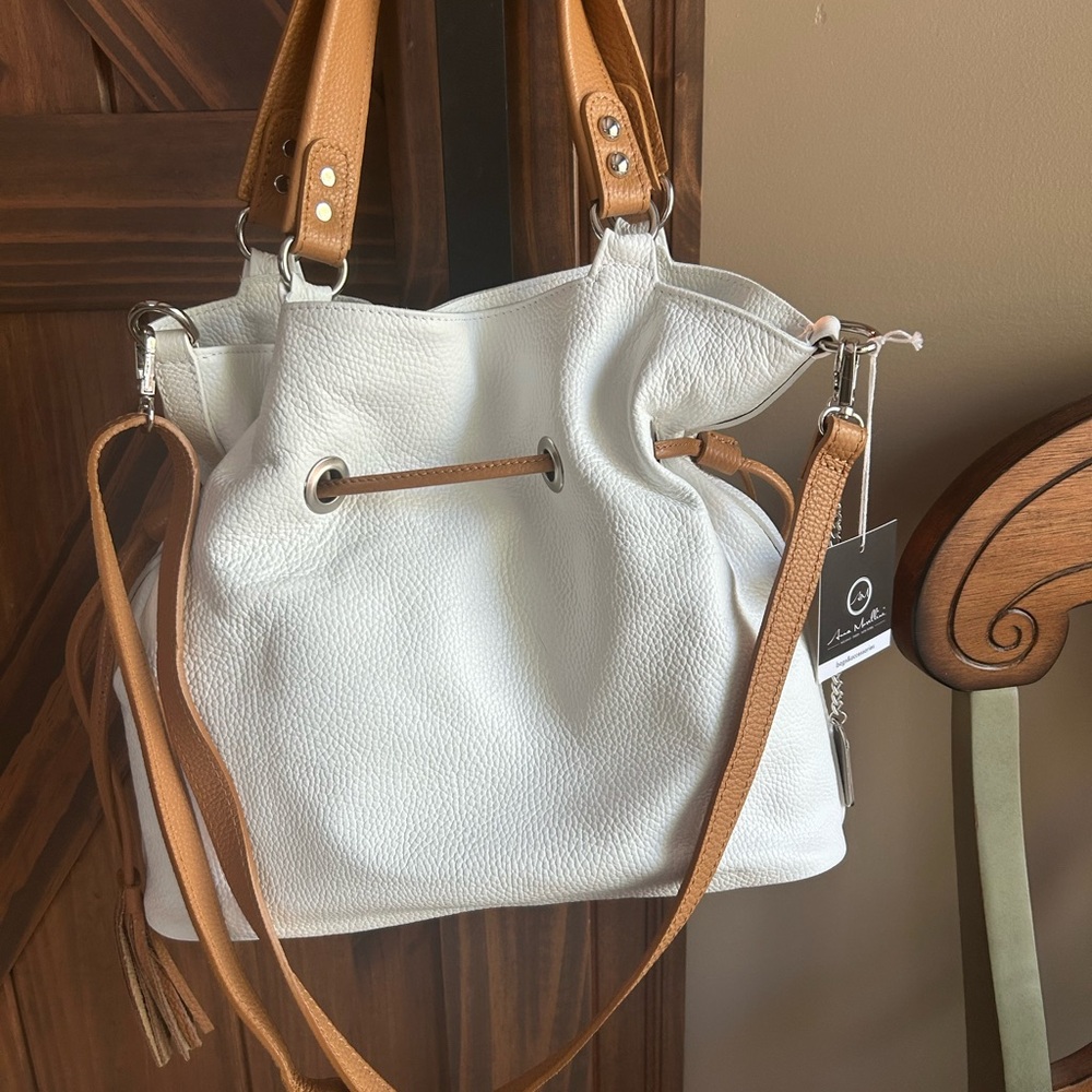 White and Tan Leather Tote Bag